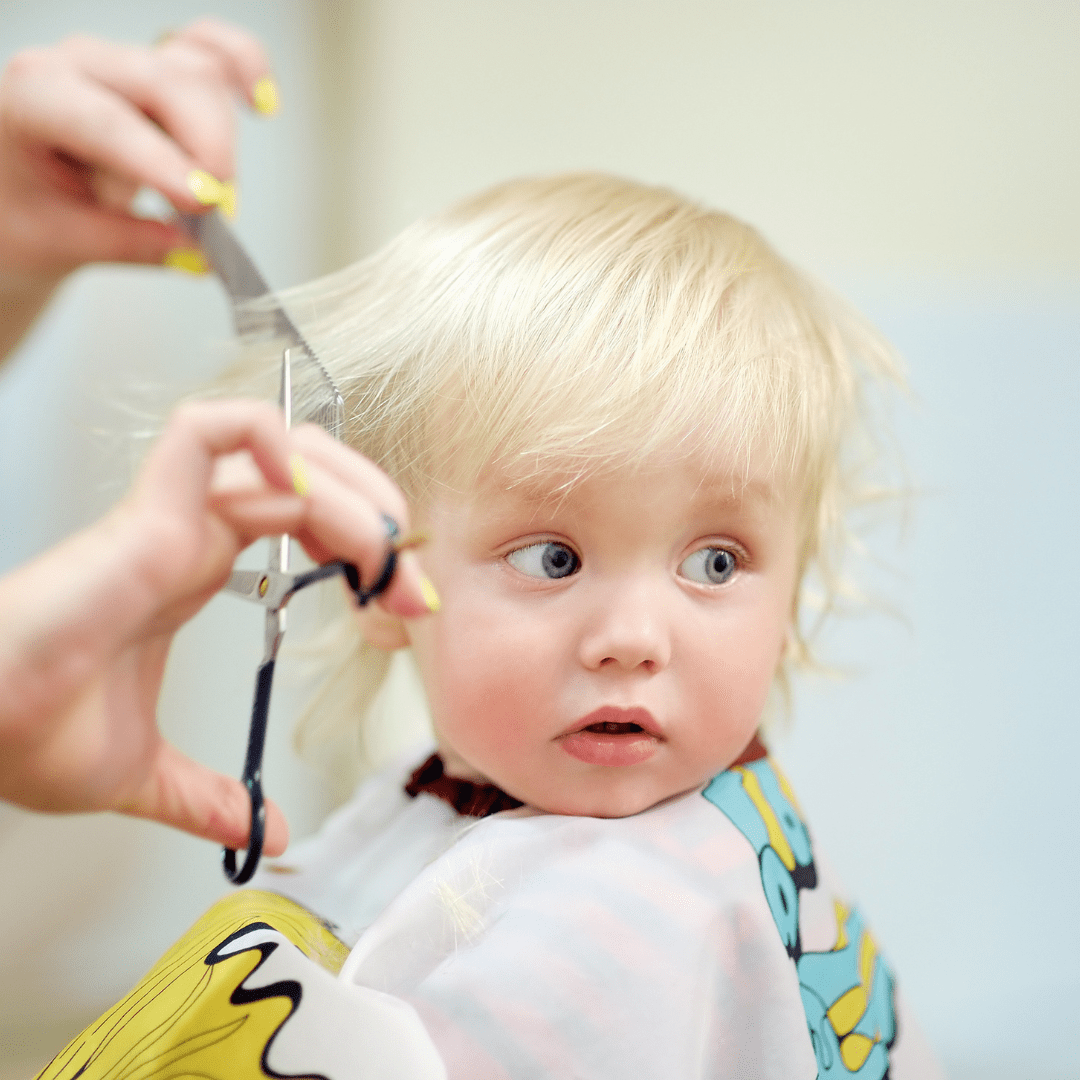 young blonde child getting hair trimmed